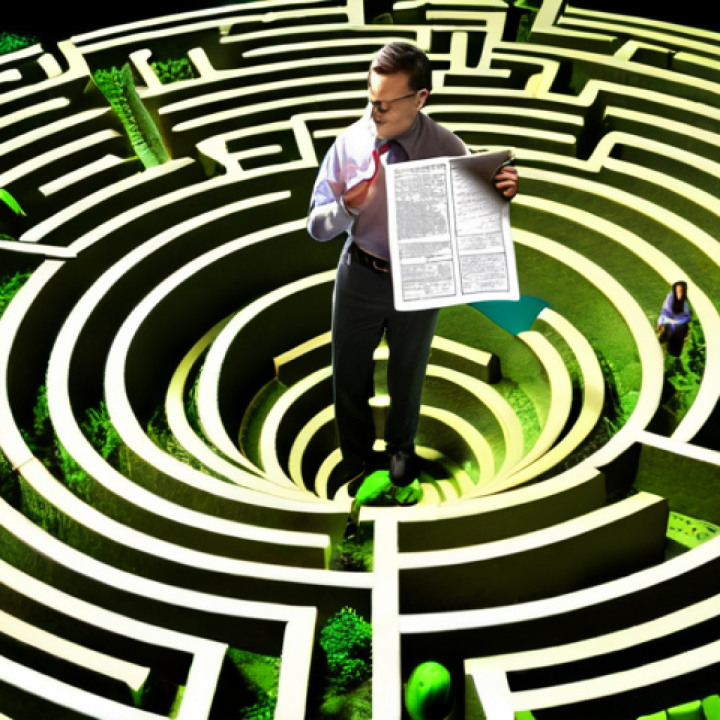 **A policy analyst navigating a complex maze of laws and regulations, holding a map marked with "Sustainable Energy Legislation". The maze is brightly colored but intricate, with signs pointing in contradictory directions. The analyst is focused but slightly overwhelmed.**