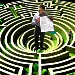 **A policy analyst navigating a complex maze of laws and regulations, holding a map marked with "Sustainable Energy Legislation". The maze is brightly colored but intricate, with signs pointing in contradictory directions. The analyst is focused but slightly overwhelmed.**