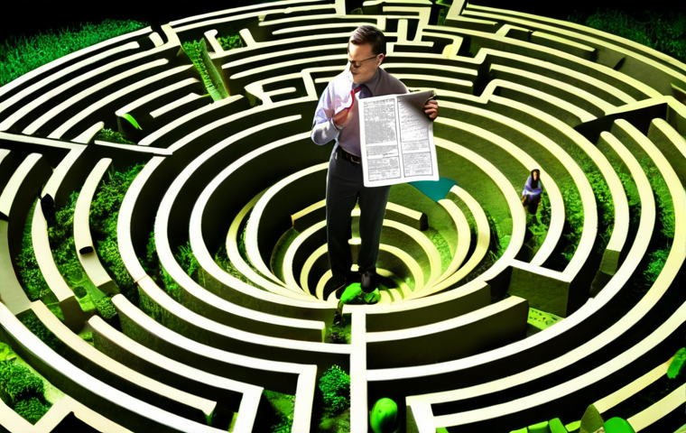 **A policy analyst navigating a complex maze of laws and regulations, holding a map marked with "Sustainable Energy Legislation". The maze is brightly colored but intricate, with signs pointing in contradictory directions. The analyst is focused but slightly overwhelmed.**