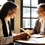 **Image:** A person sitting at a table in a cozy coffee shop, having an informal conversation with a well-dressed professional (policy analyst). The atmosphere is relaxed and friendly, with coffee cups and notebooks on the table. Sunlight streams through the window, creating a warm and inviting scene. The goal is to showcase the 'power of coffee appointments' for networking in the policy field.