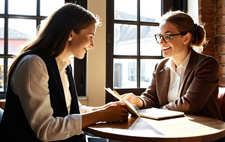 **Image:** A person sitting at a table in a cozy coffee shop, having an informal conversation with a well-dressed professional (policy analyst). The atmosphere is relaxed and friendly, with coffee cups and notebooks on the table. Sunlight streams through the window, creating a warm and inviting scene. The goal is to showcase the 'power of coffee appointments' for networking in the policy field.